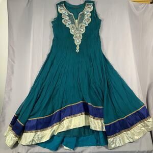 Womens Anarkali Dress Medium Teal Blue Gold Beaded Embroidered Indian Maxi Gown